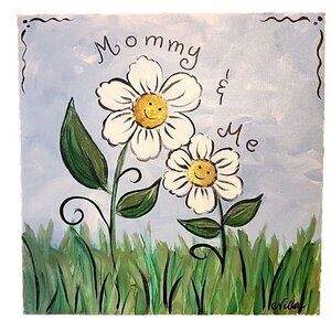Mommy & Me Original Acrylic Canvas Painting Signed CVilla 12x12 Smiling Daisies